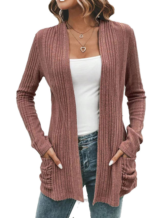 Damen modische Strickjacke mit offenen Front und praktischen Taschen R&B