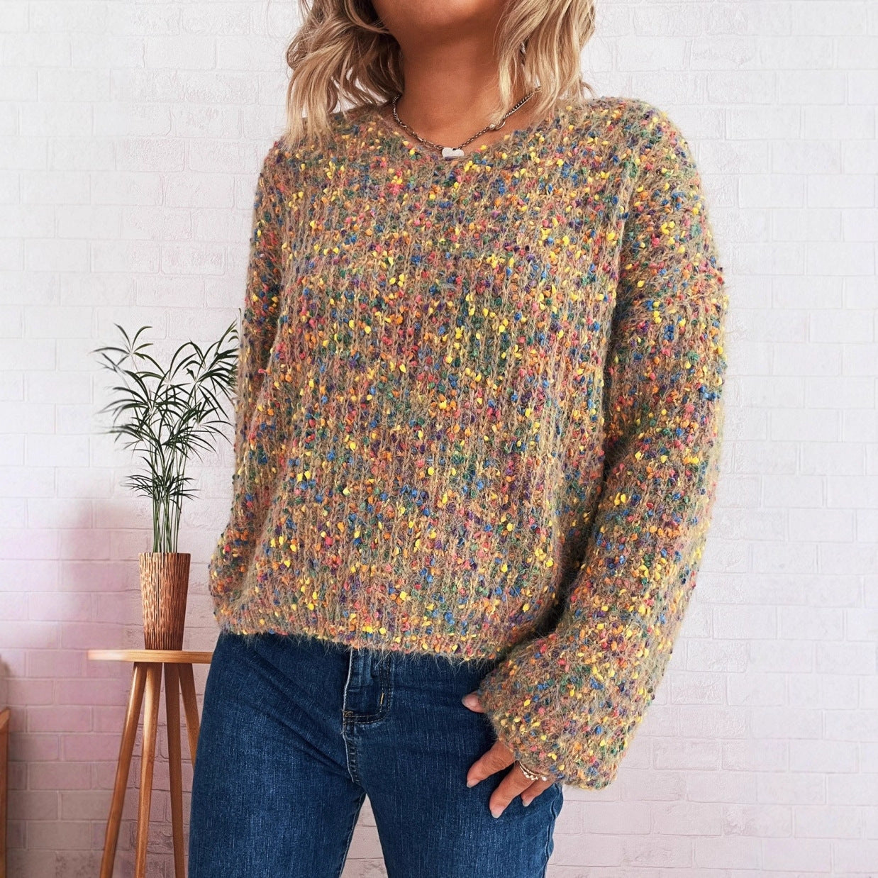 Damen komfortabler Strickpullover mit buntem Strukturmuster und weit geschnittenen Ärmeln R&B
