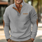 Herren nan gerippter Langarmpullover mit Stehkragen und Kunstleder-Ellenbogenbesatz R&B