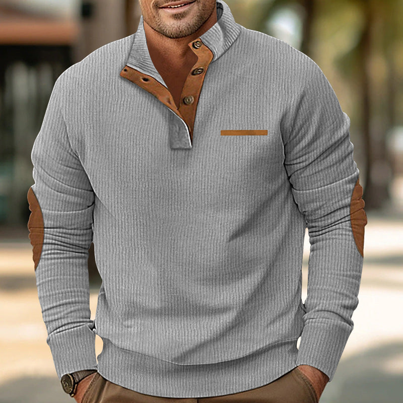 Herren nan gerippter Langarmpullover mit Stehkragen und Kunstleder-Ellenbogenbesatz R&B