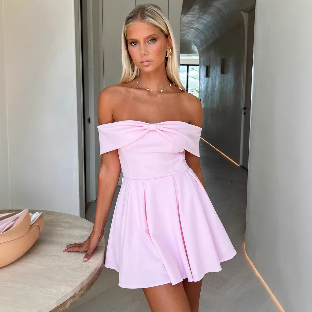 Damen Off-Shoulder Minikleid mit strukturiertem Oberteil und ausgestelltem Rock R&B
