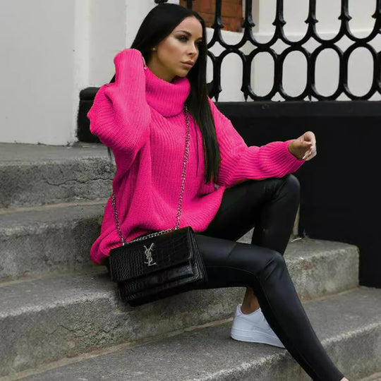 Damen Oversized Strickpullover mit hohem Kragen und modernem Schnitt R&B