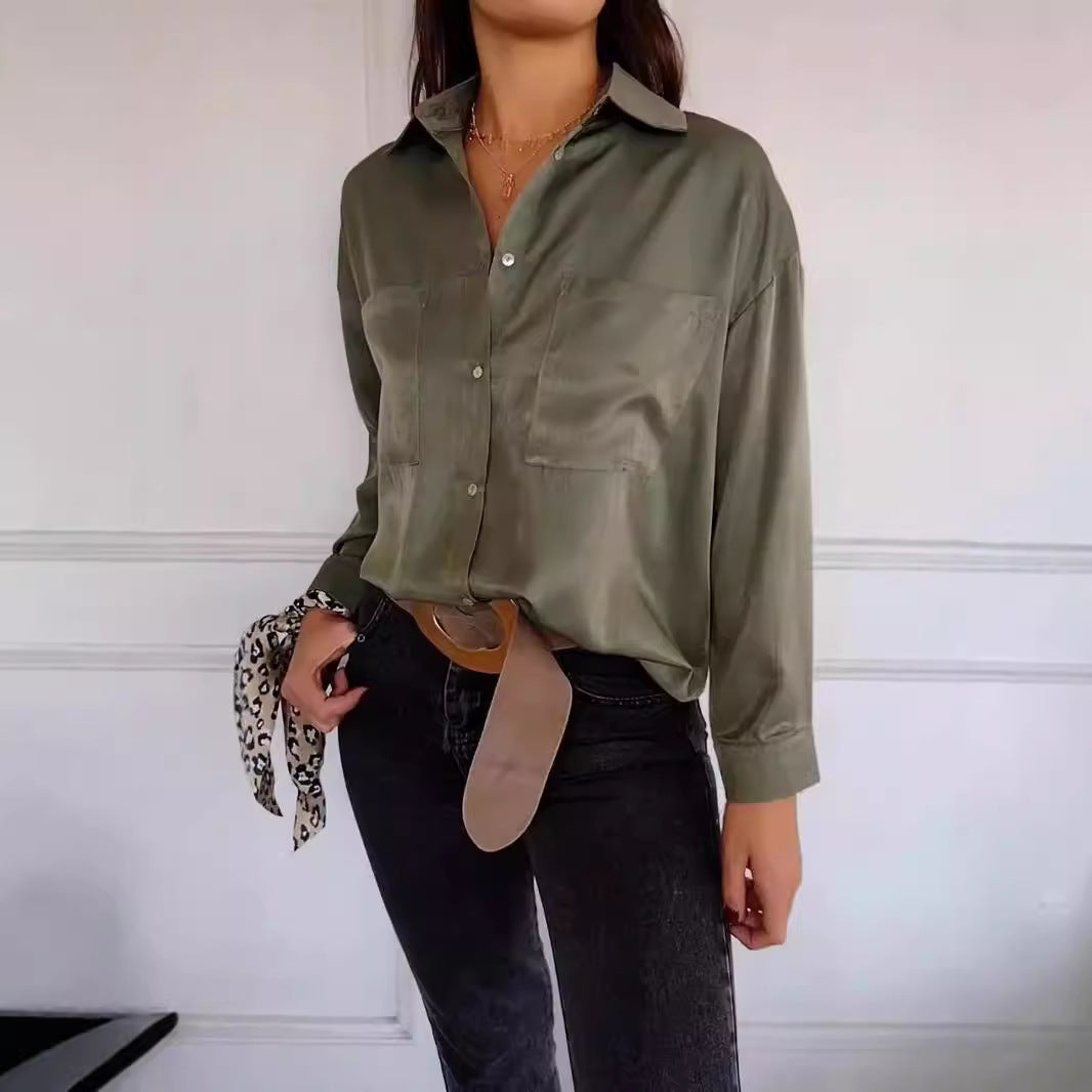 Damen lässige Hemdbluse mit verschlussfreien Taschen und klassischem Schnitt R&B
