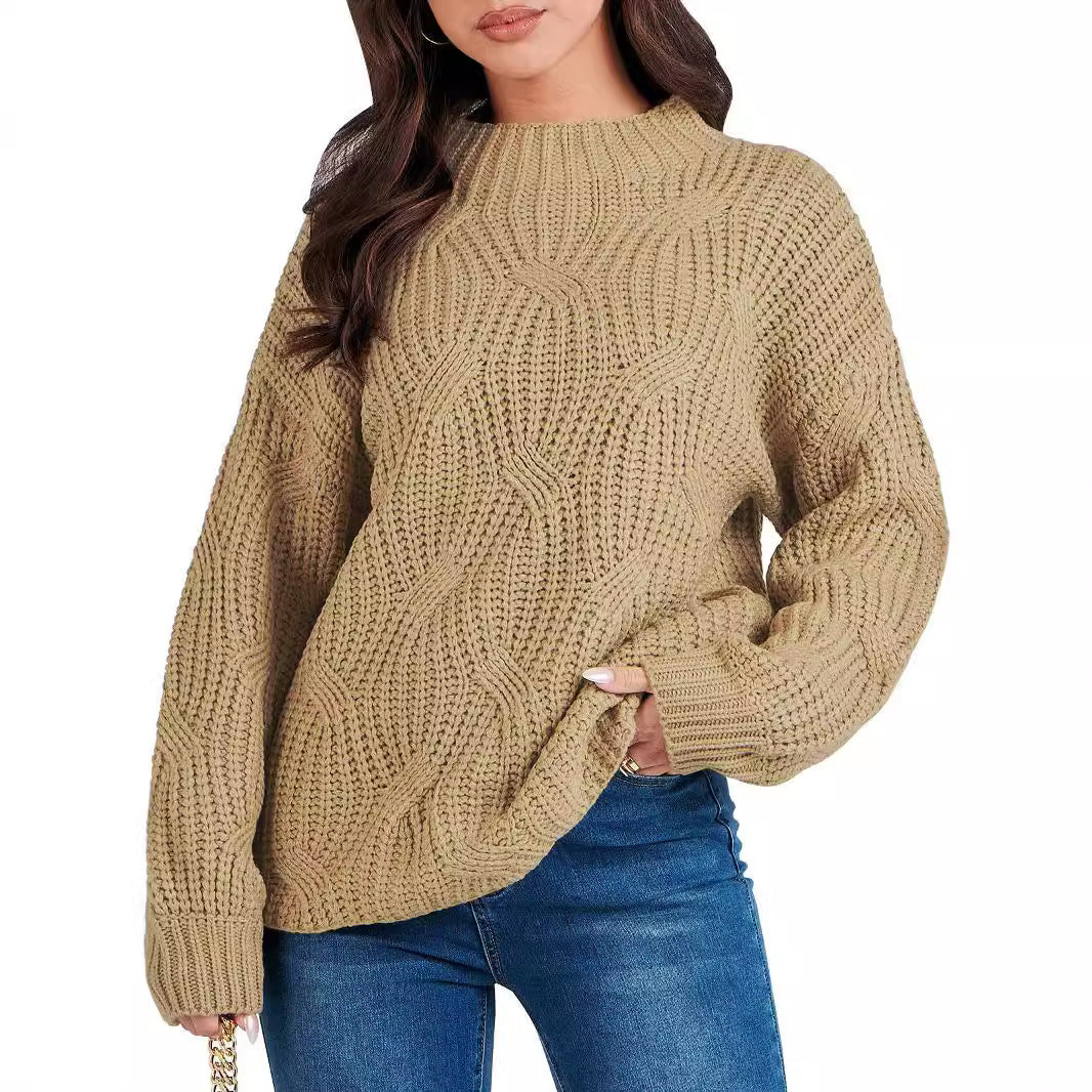 Damen Grobstrickpullover mit extravagantem Wellenmuster und hohem Kragen R&B