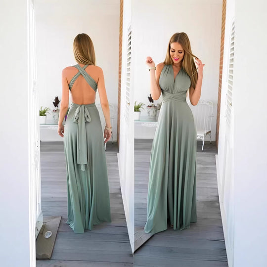 Damen elegantes Rundhals-Maxikleid mit variablen Trägeroptionen und fließendem Schnitt R&B