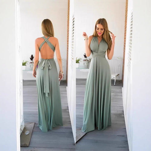 Damen elegantes Rundhals-Maxikleid mit variablen Trägeroptionen und fließendem Schnitt R&B