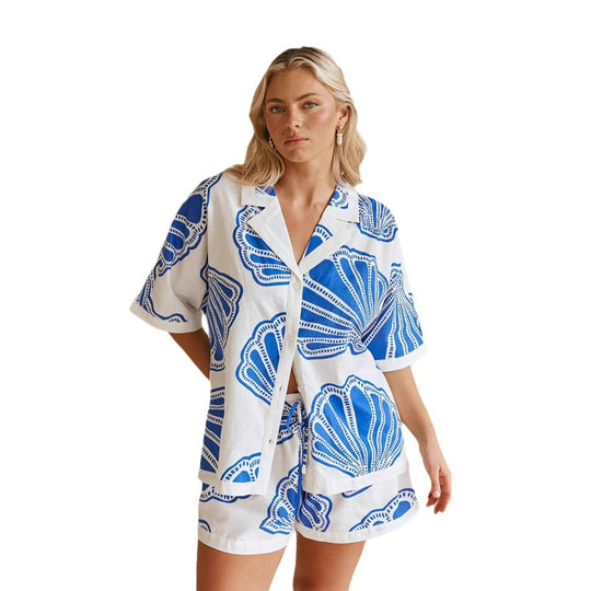Damen Sommerliches Kurzarm-Set mit maritimem Muschel-Design und lockerer Passform R&B