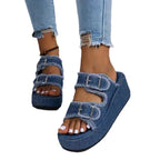 Damen bequeme Plattformsandalen aus Denim mit doppeltem Riemen R&B