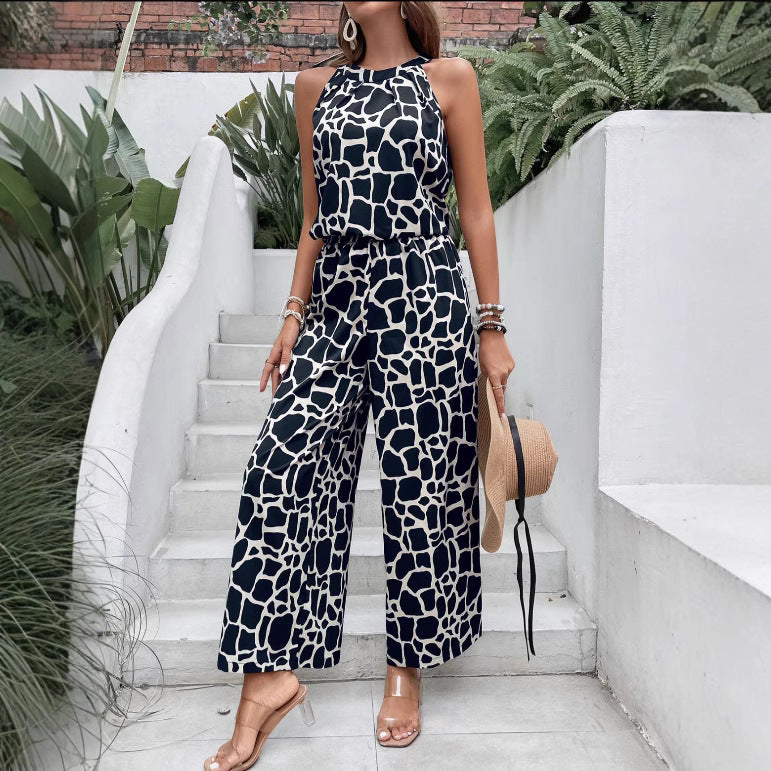 Damen edgy Jumpsuit mit Giraffenmuster und weitem Bein R&B