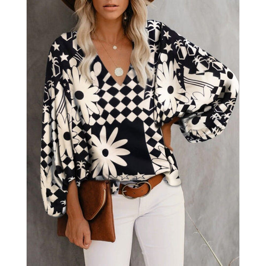 Damen Bluse mit weitem Puffärmel und eleganter V-Ausschnitt R&B