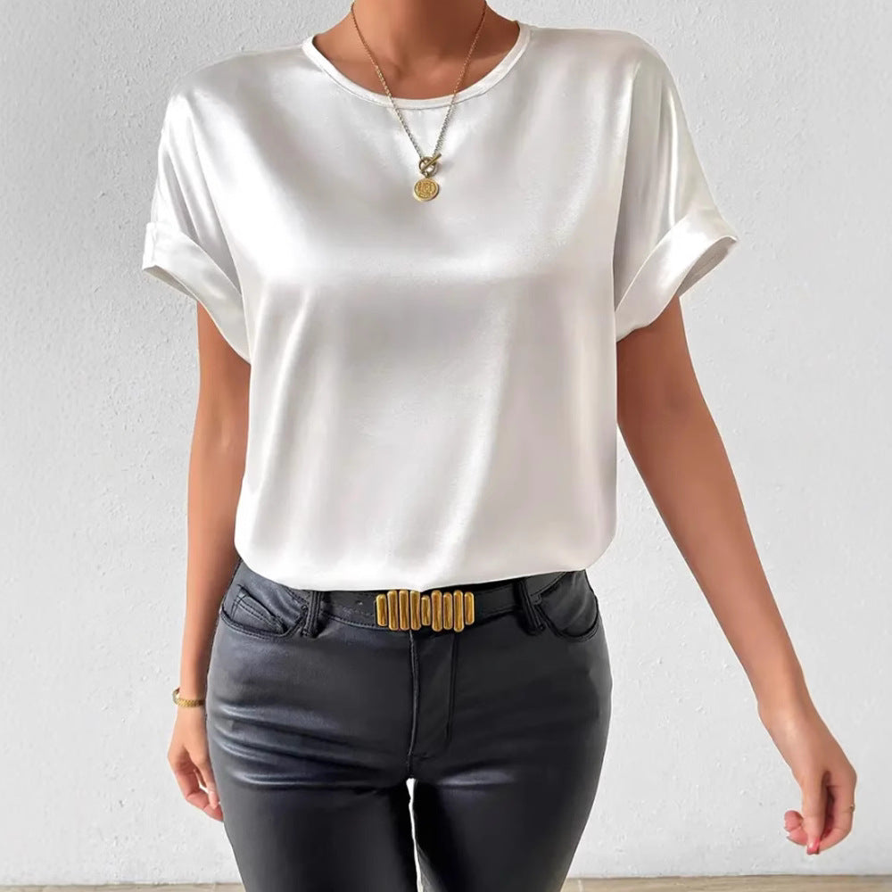 Damen Satin T-Shirt mit umgeschlagenen Ärmeln R&B