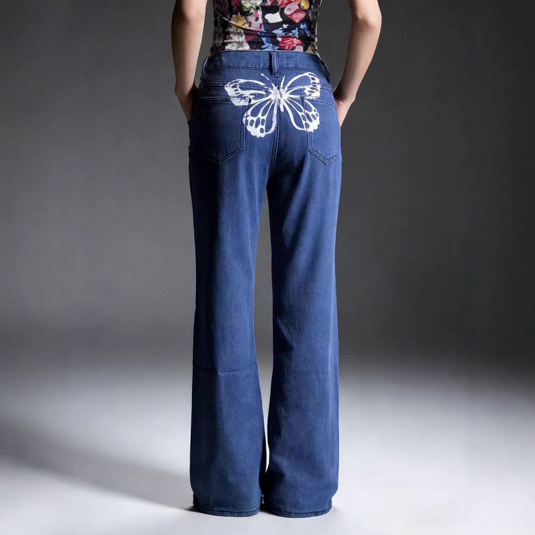 Damen Weite Jeans mit Schmetterlingsstickerei