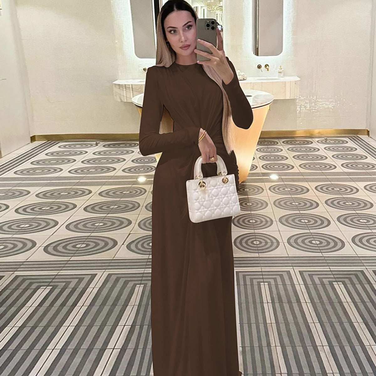 Damen Elegantes Longdress mit Raffung und hohem Kragen R&B