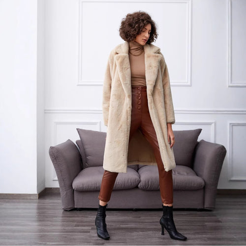 Damen Langer Kunstpelzmantel mit elegantem Reverskragen und praktischen Taschen R&B