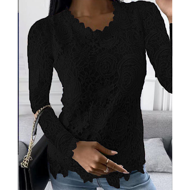 Damen nan Spitzenoberteil mit V-Ausschnitt, taillierter Silhouette und romantischem Wellensaum R&B