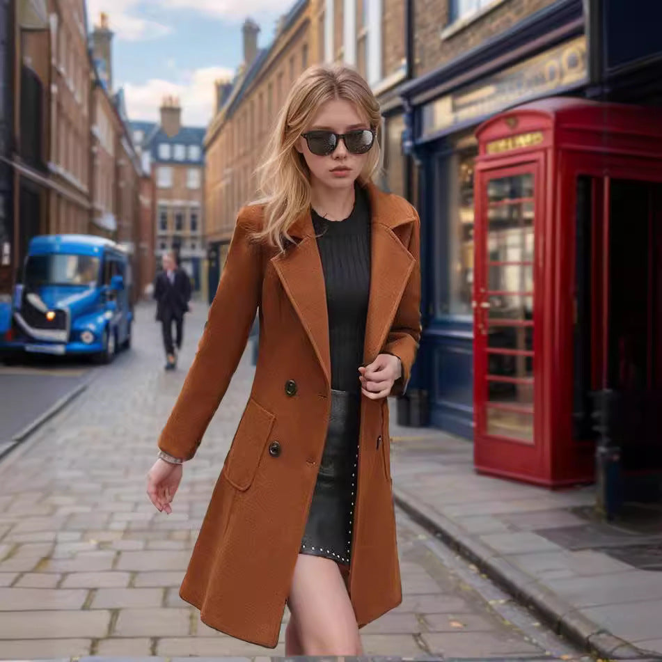 Damen eleganter Wollmantel mit doppelter Knopfreihe und praktischen Taschen R&B