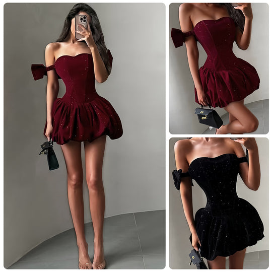Damen Glitzerndes Cocktailkleid mit schulterfreiem Design und voluminösem Rock R&B