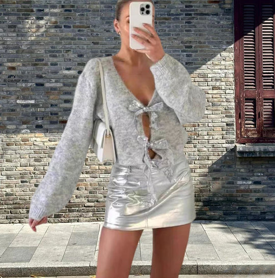 Damen Elegante Strickjacke mit glitzerndem Banddetail R&B