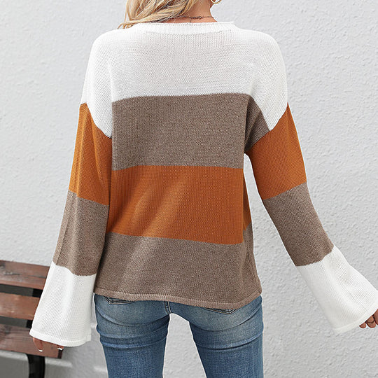 Damen lässiges Strickoberteil mit modischem Blockstreifen-Winterdesign R&B