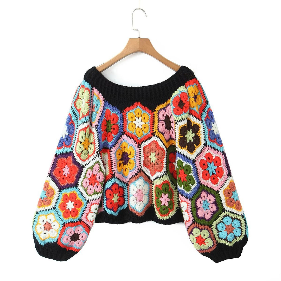 Damen lässiger, handgefertigter Pullover mit floralen Häkelmotiven R&B
