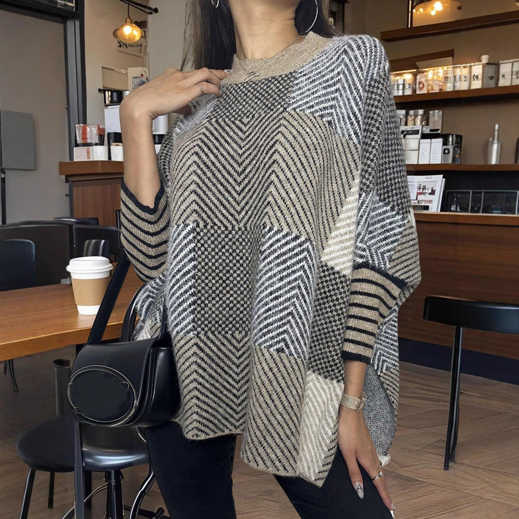 Damen asymmetrischer Strickpullover mit Zickzackmuster R&B