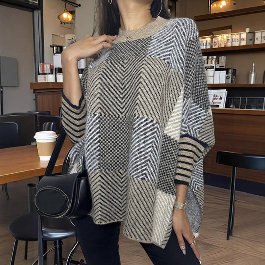 Damen asymmetrischer Strickpullover mit Zickzackmuster R&B