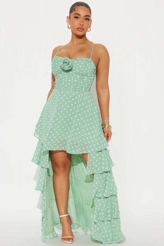 Damen Verspieltes Polka-Dots Maxikleid mit asymmetrischem Rock und floralen Akzenten R&B