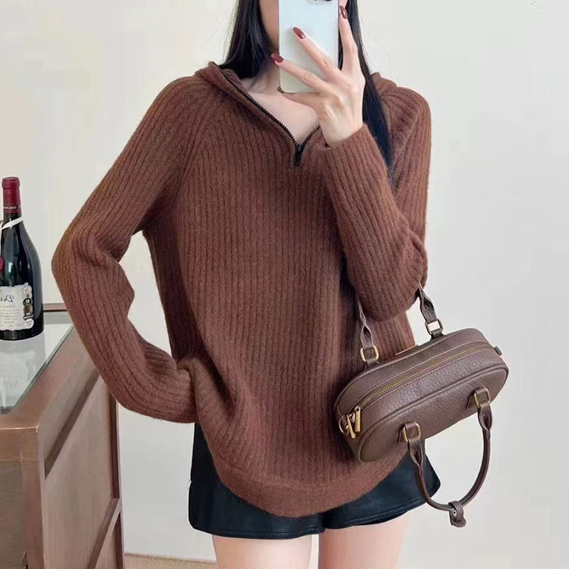 Damen lässiger Strickpullover mit hochgezogenem Kragen und Reißverschluss R&B