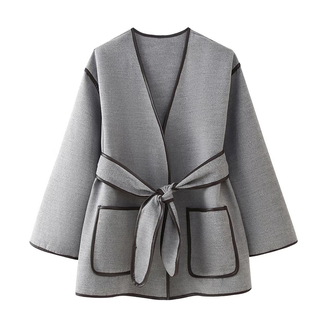 Damen Wickeljacke im modernen Design mit praktischen Taschen und Bindegürtel R&B