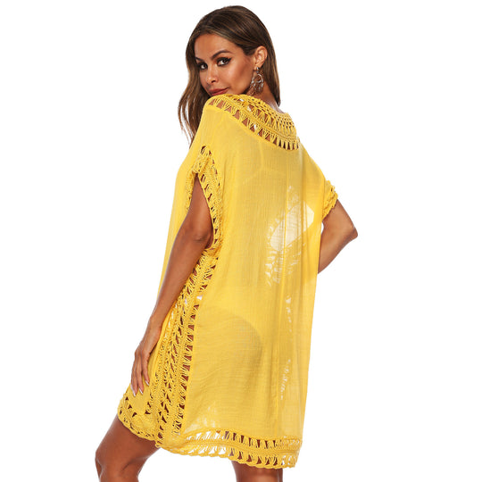 Damen Häkel-Strandüberwurf mit elegantem V-Ausschnitt und fransigen Details R&B