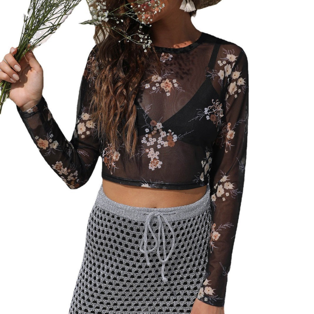 Damen eleganter leichter Mesh-Top mit floralem Muster R&B