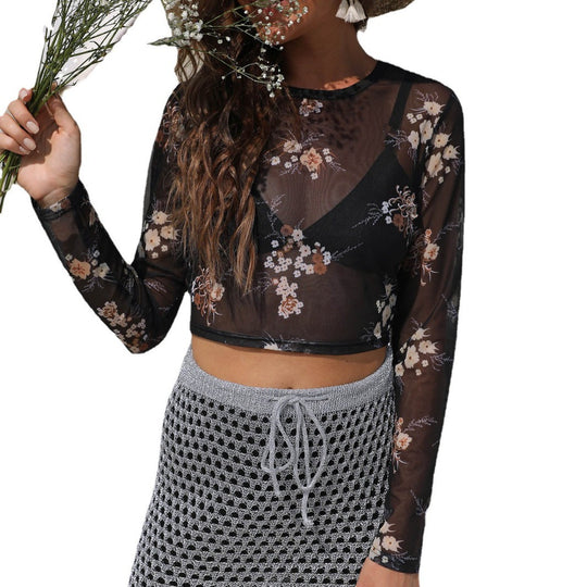 Damen eleganter leichter Mesh-Top mit floralem Muster R&B