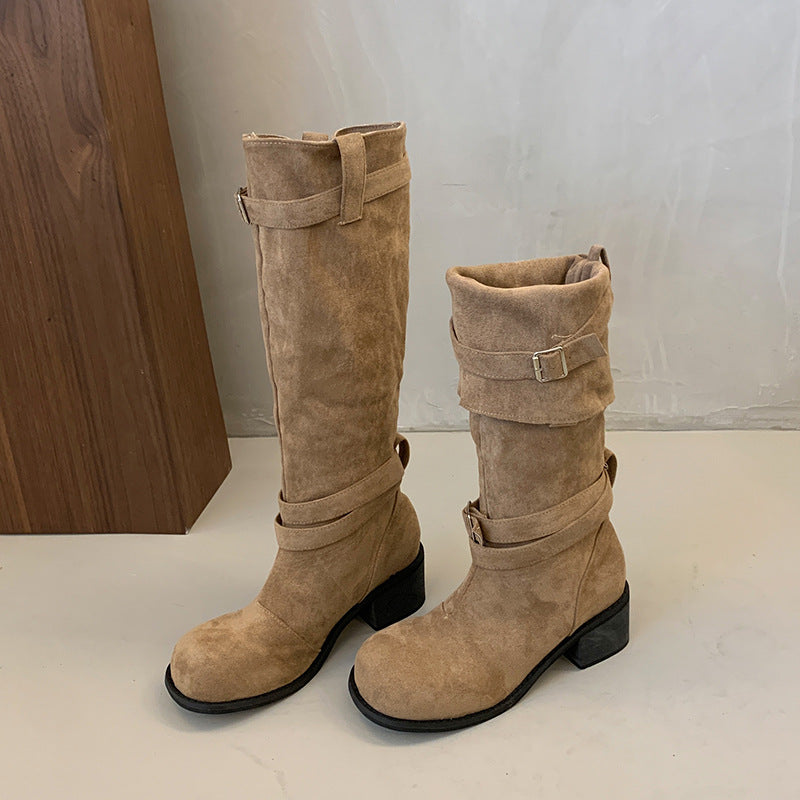 Damen hohe Stiefel mit modischen Schnallen und bequemem Blockabsatz R&B