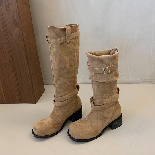Damen hohe Stiefel mit modischen Schnallen und bequemem Blockabsatz R&B