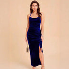Damen Elegantes Samtmaxikleid mit anpassbarem Schlitz und raffinierter Raffung R&B