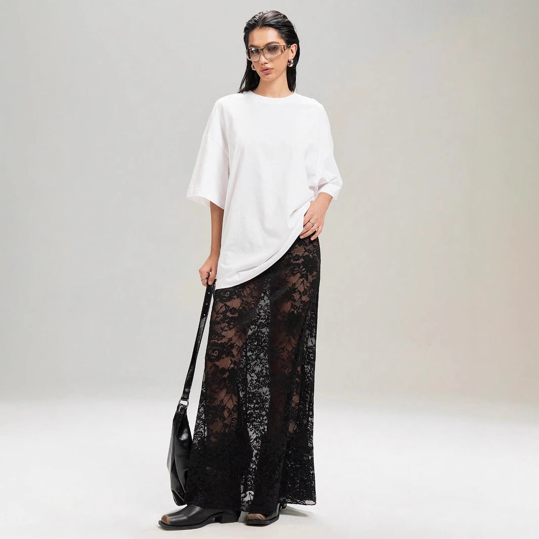Damen nan weites Baumwollshirt und langer transparenter Spitzenrock R&B