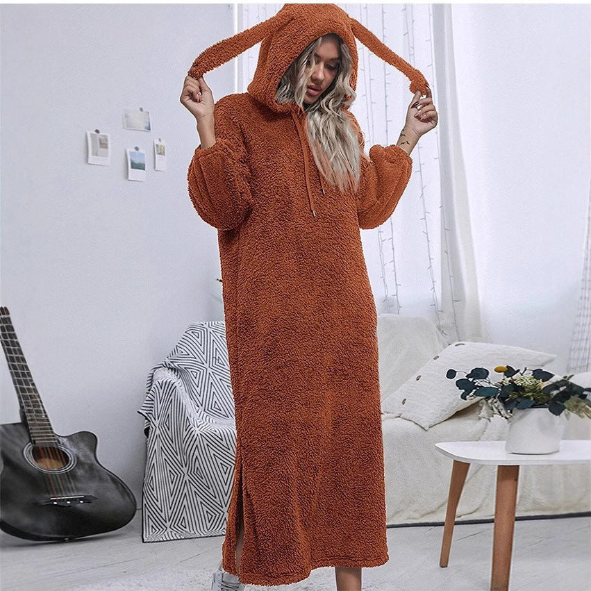 Damen Flauschiger Fleece-Hoodie-Kleid mit Ohren und seitlichen Schlitzen R&B