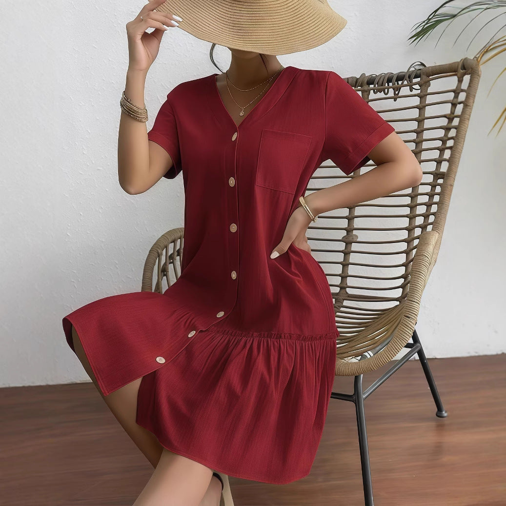 Damen lässiges Hemdblusenkleid mit Knopfdetail und ausgestelltem Rock R&B