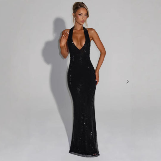 Damen Glitzerndes Abendkleid mit tiefem V-Ausschnitt und figurbetontem Schnitt R&B