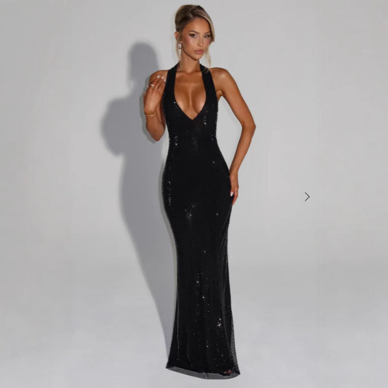 Damen Glitzerndes Abendkleid mit tiefem V-Ausschnitt und elegantem Rückenausschnitt R&B