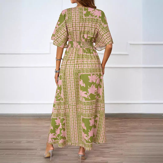 Damen luftiges Maxikleid mit tiefem V-Ausschnitt und eleganten Rüschen R&B