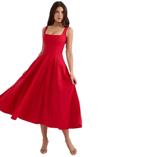 Damen elegantes Maxikleid mit quadratischem Ausschnitt und fließendem Rock R&B
