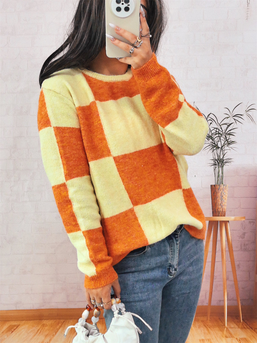 Damen Grobstrickpullover mit modernem Karomuster und lässigem Schnitt R&B