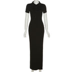 Damen Maxikleid mit kurzem Arm und klassischem Kragen R&B