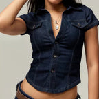 Damen Stylisches Jeanshemd mit taillierter Passform und kurzen Ärmeln R&B