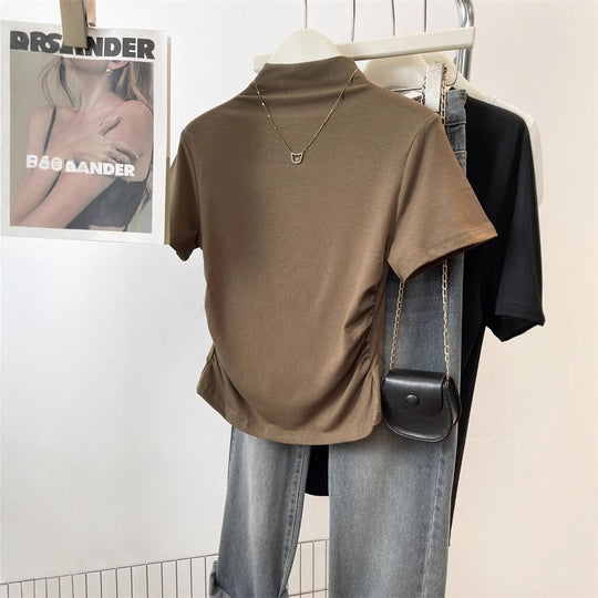 Damen figurbetontes T-Shirt mit Stehkragen und raffiniertem Rüschendetail