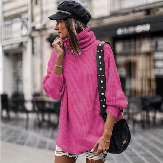 Damen Grobstrickpullover mit hohem Kragen und lässiger Passform R&B