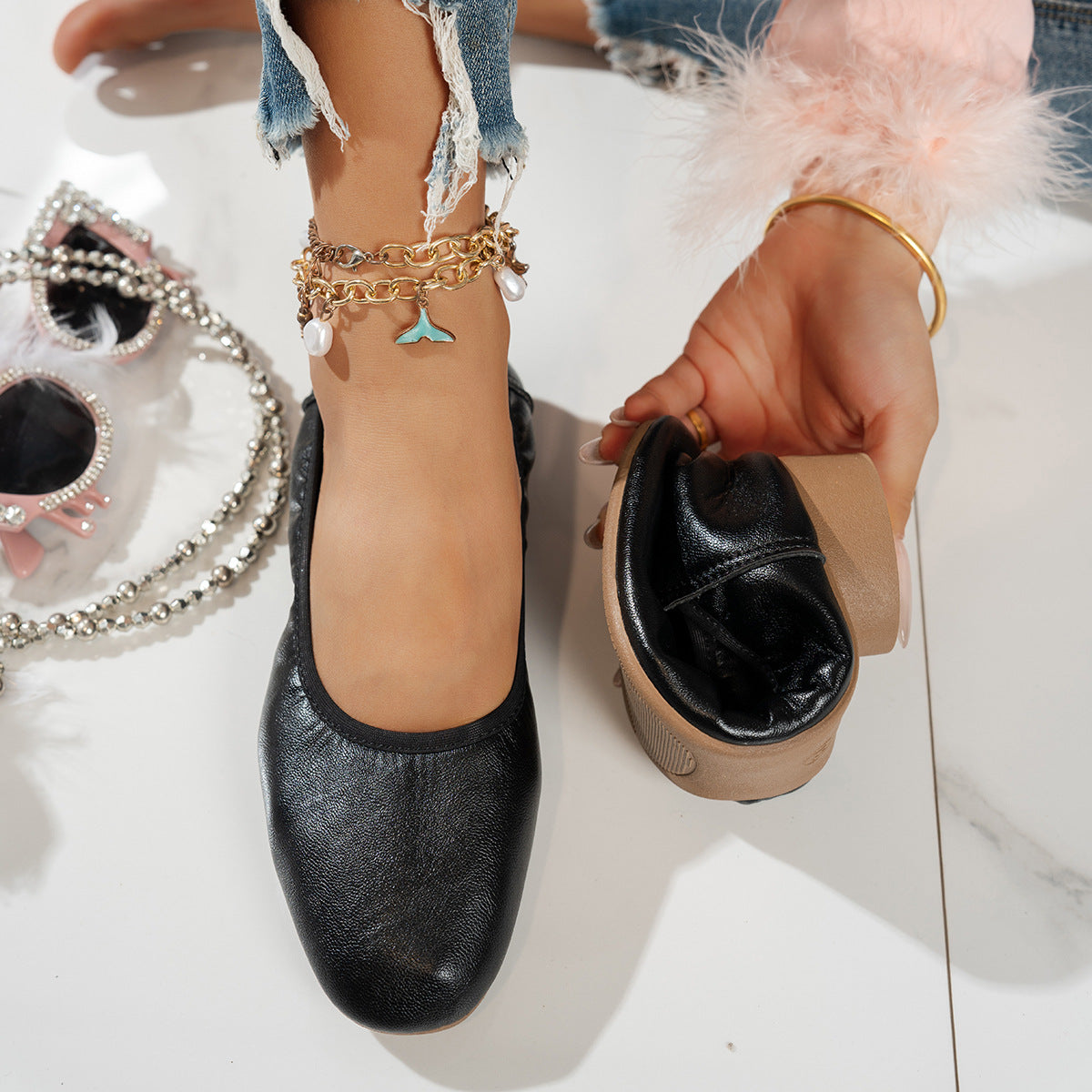 Damen elegante Ballerinas mit subtiler Glanzoptik R&B