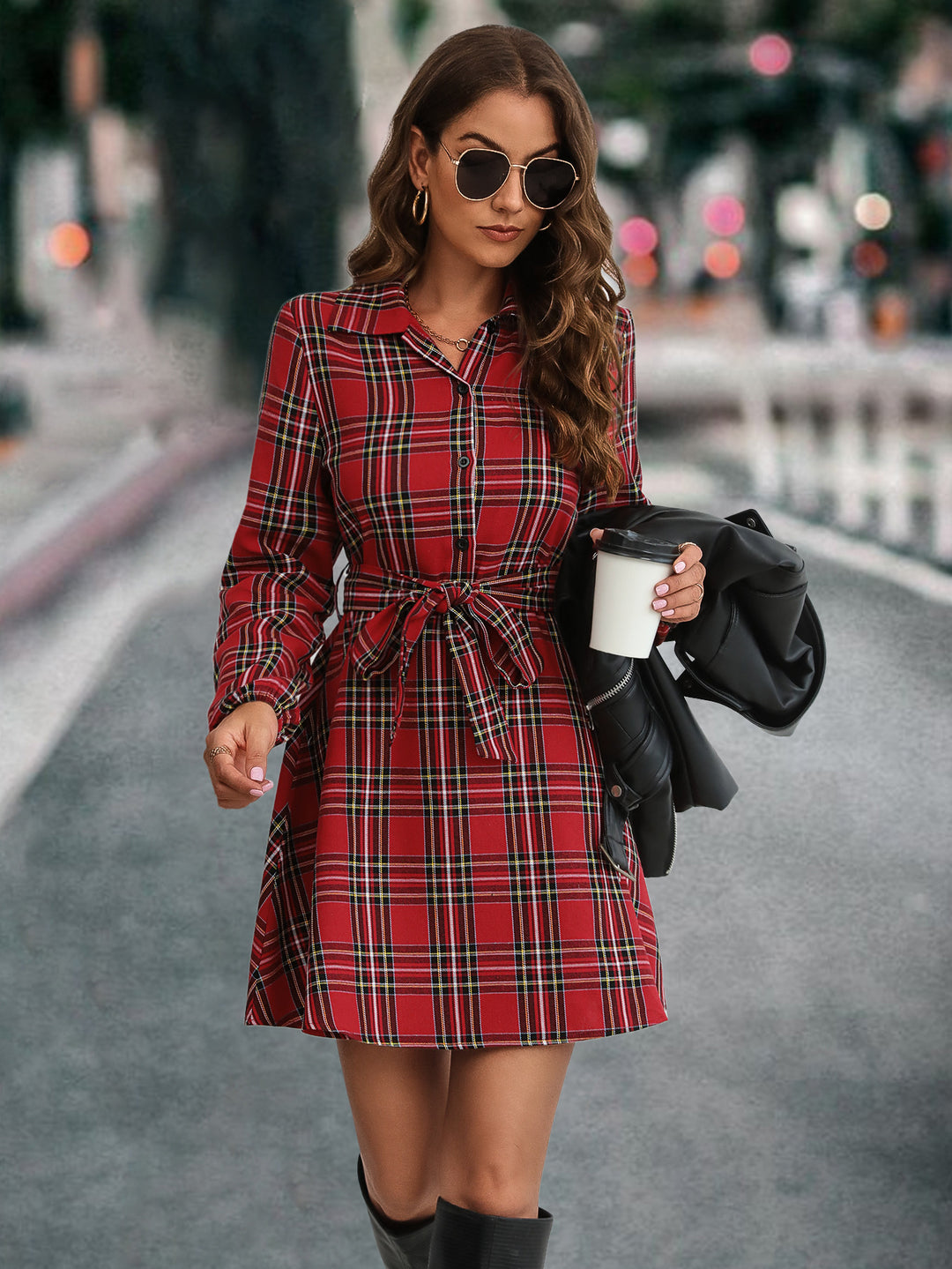 Damen Karohemdkleid mit Bindegürtel und langen Ärmeln R&B