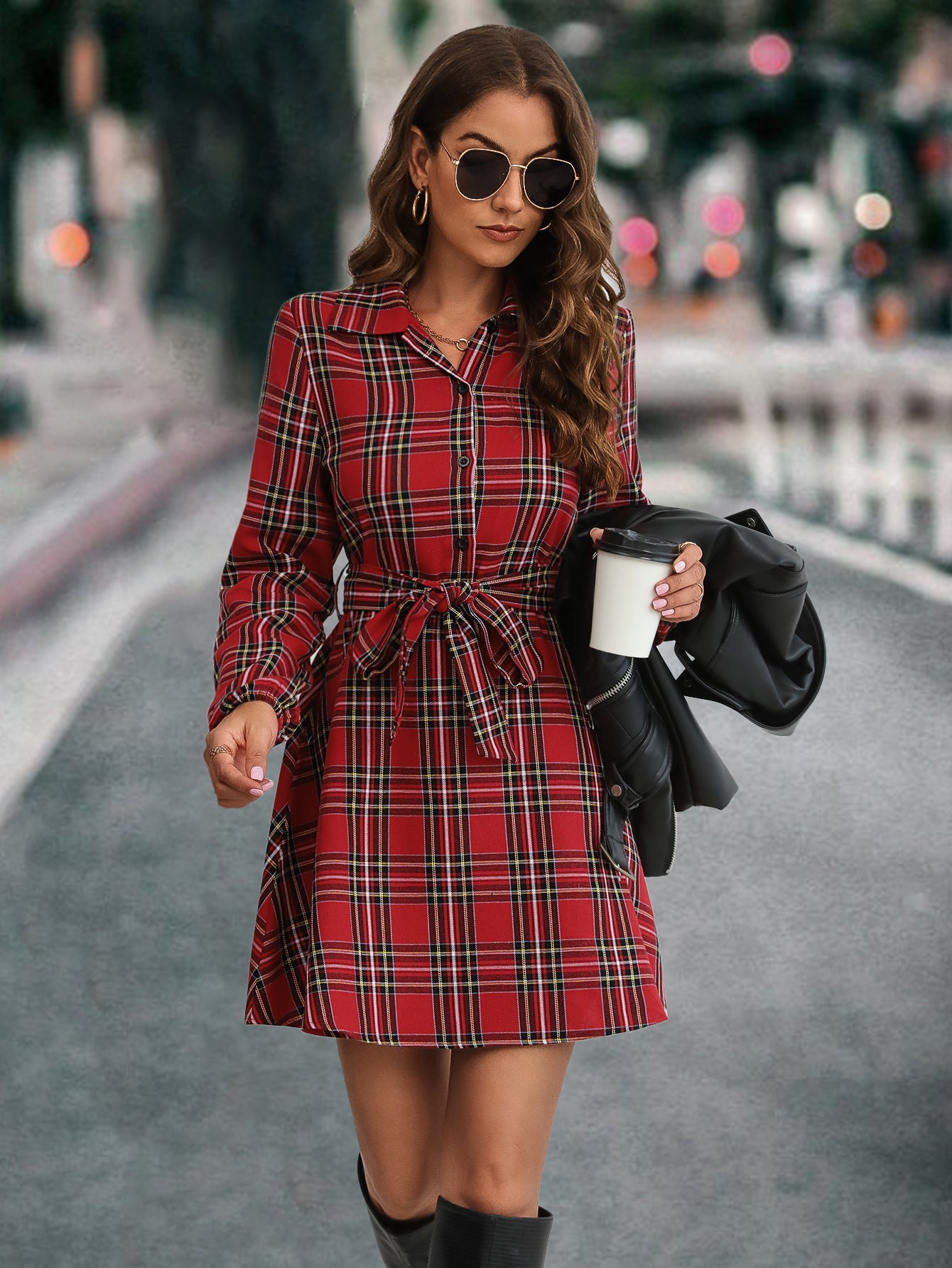 Damen Karohemdkleid mit Bindegürtel und langen Ärmeln R&B